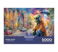 Alien Sits in Colorful Town 1000pc Jigsaw Puzzle Bundle Sci-Fi Art Premium Jigsaw Puzzle Premium Cardstock Senior Enthusiasts Concentration Training Housewarming Office Break Gift Game 38x26cm/1000pcs