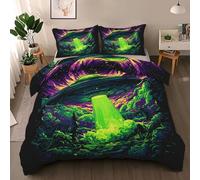 Alien Spaceship Duvet Cover Set Small Double, Green UFO Bedding Quilt Cover Set, Science Fiction Theme Duvet Cover with 1 Pillowcases, Microfibre Reversible Bed Covers 2 Pcs with Zipper Closure