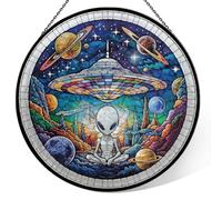 Alien Spaceship Stained Glass Window Hanging, 7.9" Sun Catcher Glass Panel Boho Wall Art Decor with Chain, Hand Painted Round Ornament for Couples