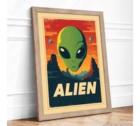 Alien Visitor Retro Framed Wall Art Print A1 (84.1×59.4cm) Oak, Wall Decor for Living Room, Bedroom, Office & Home, Ready to Hang, Art Gift