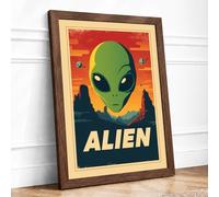 Alien Visitor Retro Framed Wall Art Print A1 (84.1×59.4cm) Walnut, Wall Decor for Living Room, Bedroom, Office & Home, Ready to Hang, Art Gift