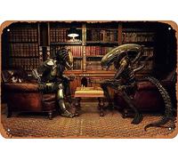 Alien Vs Predator Play Chess Fun Poster Vintage Tin Sign Retro Metal Sign for Cafe Bar Office Home Wall Decor Gift 12 X 8 inch