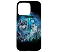 Alien Wolf Howling Moon UFO Galaxy Forest Night Art Case for iPhone 15 Pro Max