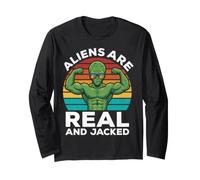Aliens are Real & Jacked Funny Bodybuilding Cool Gym Graphic Long Sleeve T-Shirt