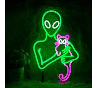 Aliens Cat Neon Sign Funny Green Aliens Pink Cat Led Light Up Sign For Wall Decor Dimmable USB Powered Neon Light For Art Wall Decorations Game Room Party Kids Birthday Gifts