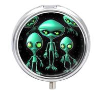 Aliens Pill Box Dustproof Moistureproof Round Pill Case Portable Travel Small Pill Organizer with 3 Compartments and Mirror