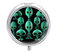 Aliens Pill Box Dustproof Moistureproof Round Pill Case Portable Travel Small Pill Organizer with 3 Compartments and Mirror