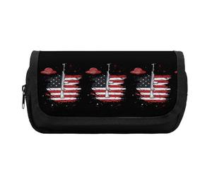 Aliens Rifle U.S.A. Flag Cute Double Pencil Case Large Capacity Portable Pen Pouch with Zippered