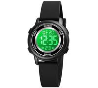 Alienwork Seven-Color LED Digital Children’s Watch Boys Girls Black Silicone Strap Calendar Date-Month Multi-Coloured Chronograph Sport Multi-Function