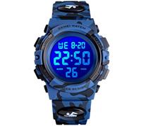 Alienwork Seven-Color LED Digital Children’s Watch Boys Girls Camouflage Blue Strap Calendar Date-Month Multi-Coloured Chronograph Sport Multi-Function