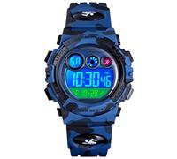 Alienwork Seven-Color LED Digital Children’s Watch Boys Girls Camouflage Blue Strap Calendar Date-Month Navy Blue Chronograph Sport Multi-Function