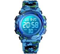Alienwork Seven-Color LED Digital Children’s Watch Boys Girls Camouflage Blue Strap Calendar Date-Month Multi-Coloured Chronograph Sport Multi-Function