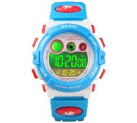 Alienwork Seven-Color LED Digital Children’s Watch Boys Girls White Strap Blue Calendar Date-Month Chronograph Sport Multi-Function