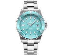 Alienwork Watch Men Women Silver Stainless Steel Metal Strap Calendar Date Light Blue Classic Elegant