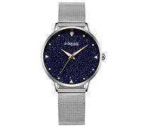 Alienwork Women's Watch Silver Metal Mesh Strap Blue Real Marble dial