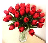 ALIERSA Artificial Flowers 10 Heads Mini Real Touch Artificial Tulip for Home Wedding Party Centerpiece Decoration (Rose red)