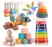 Aliex 6 in 1 Montessori Toys for Babies, Baby Toys Stacking Rings Blocks Wooden Shape Sorter Activity Cube Xylophone Gifts for Baby Boys Girls