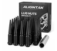 ALIGNTAK 24PCS M14x1.5 7 Spline Spike Lug Nuts, Black Closed End, 60 Degree Conical Seat, 112mm, Socket Key, for Silverado Sierra F-150 Ram 1500 Aftermarket Wheels