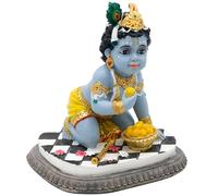 alikiki Baby Krishna Idol Statue - 5.9”H Hindu God Laddu Gopal Kneeling Enjoy Laddus India Murti Item Home Temple Mandir Shrine Altar Pooja Decor Diwali Puja Gifts for Indian Friends