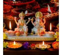 alikiki Ganesha Laxmi Statue Indian God - 5.3”H Marble Finish Indian Idol Lakshmi Ganesh Statue w/LED Diyas Diwali Gifts Diwali Decor Home Office Puja Item Hindu Altar Mandir Temple Pooja Murti