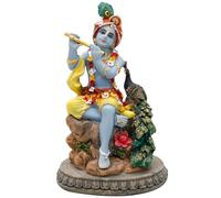 alikiki Hindu God Krishna Statue - 5.5”H India Lord Krishna Idol Play The Flute w/Peacock Murti Item Home Office Temple Mandir Shrine Altar Pooja Decor Diwali Puja Decor Gifts for Indian Friend
