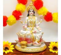 alikiki Indian Goddess Lakshmi Statue - 8.7" H Hindu Laxmi Devi Idol Diwali Gift for Indian Friends Murti Pooja Item Home Office Mandir Temple Altar Puja Decoration (Marble Color)