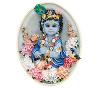 Alikiki Oval-Shape Krishna with-Flute-and Flowers - 4.5” Wall Hanging+Stand Hindu God Lord Krishna Idol Indian Polystone Murti Pooja Figurine Home Office Altar Mandir Temple Puja Decor