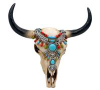 Alikiki Southwest Cow Skull Wall Decor - Rustic Tribal Bull Head Skull with Turquoise Stone 3D Resin Long Horn Faux Bison Steer Buffalo Wall Hanging