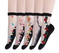 Aliles Women's 5 Pairs Silky Anti-Slip Cotton Sole Sheer Ankle High Tights Socks Sheer Pop Stocking,4-9
