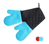 Alimat PluS Double Oven Gloves Mitts - Heat Resistant Silicone Oven Gloves Non-Slip with Cotton Lining for Kitchen, Baking, Cooking, Microwave (Blue)