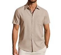 Alimens & Gentle Champagne Linen Shirts for Men Adult Short Sleeve Regular Fit Casual Summer Beach Button Down Shirt with Pocket XL