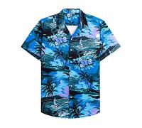 Alimens & Gentle Cotton Regular Fit Short Sleeve Casual Hawaiian Shirt for Men, Blue Beach, 3XL