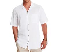 Alimens & Gentle Cuban Linen Shirts for Men Short Sleeve Button Down Shirt Cotton Summer Beach Camp Vacation Hawaiian Shirts, White, XL