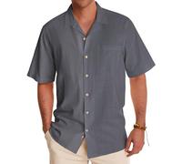 Alimens & Gentle Cuban Linen Shirts for Men Short Sleeve Button Down Shirt Cotton Summer Beach Camp Vacation Hawaiian Shirts, Graphite Grey, XL