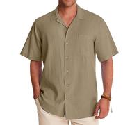 Alimens & Gentle Cuban Linen Shirts for Men Short Sleeve Button Down Shirt Cotton Summer Beach Camp Vacation Hawaiian Shirts, Brown, 3XL