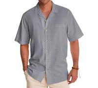 Alimens & Gentle Cuban Linen Shirts for Men Short Sleeve Button Down Shirt Cotton Summer Beach Camp Vacation Hawaiian Shirts, Neutral Gray, XL