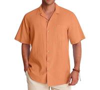 Alimens & Gentle Cuban Linen Shirts for Men Short Sleeve Button Down Shirt Cotton Summer Beach Camp Vacation Hawaiian Shirts, Persimmon Orange, 3XL