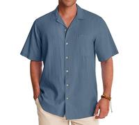 Alimens & Gentle Cuban Linen Shirts for Men Short Sleeve Button Down Shirt Cotton Summer Beach Camp Vacation Hawaiian Shirts, Blue Wing Teal, Large