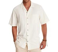 Alimens & Gentle Cuban Linen Shirts for Men Short Sleeve Button Down Shirt Cotton Summer Beach Camp Vacation Hawaiian Shirts, A-Creamy White, Medium