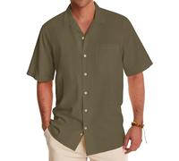 Alimens & Gentle Cuban Linen Shirts for Men Short Sleeve Button Down Shirt Cotton Summer Beach Camp Vacation Hawaiian Shirts, Olive Drab, XL