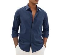 Alimens & Gentle Linen Shirts for Men Long Sleeve Casual Cotton Button Down Shirts Summer Beach Wedding Tops with Pocket, Navy Blue, Medium