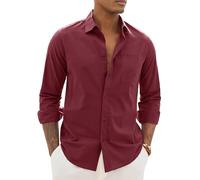 Alimens & Gentle Linen Shirts for Men Long Sleeve Casual Cotton Button Down Shirts Summer Beach Wedding Tops with Pocket, Burgundy, Medium