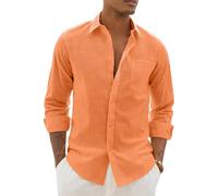 Alimens & Gentle Linen Shirts for Men Long Sleeve Casual Cotton Button Down Shirts Summer Beach Wedding Tops with Pocket, Orange, Medium