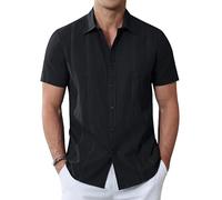 Alimens & Gentle Men's Adult Cuban Guayabera Shirts Cotton Linen Short Sleeve Button Down Shirts Casual Summer Beach Camp Shirt, Black, Large