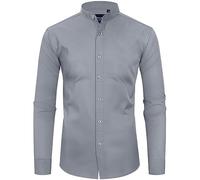 Alimens & Gentle Men's Banded Collar Dress Shirts Wrinkle Free Long Sleeve Mandarin Collar Button Down Shirt, Silver Gray, XL