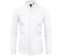 Alimens & Gentle Men's Banded Collar Dress Shirts Wrinkle Free Long Sleeve Mandarin Collar Button Down Shirt, White, Large