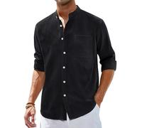 Alimens & Gentle Men's Cotton Linen Shirts Long Sleeve Button Down Shirt Band Collar Beach Shirts, Black, Medium