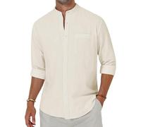Alimens & Gentle Men's Cotton Linen Shirts Long Sleeve Button Down Shirt Band Collar Beach Shirts, Creamy White, XXXXL