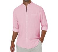 Alimens & Gentle Men's Cotton Linen Shirts Long Sleeve Button Down Shirt Band Collar Beach Shirts, Pink, Medium