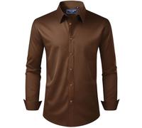 Alimens & Gentle Men's Dress Shirt Regular Fit Stretch Stain Shield Long Sleeve Solid Business Wedding Button Down Shirts, Brown, XL
